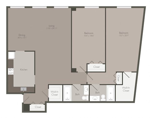 Floor plan for 2 beds, 2 baths, 1432 sqft